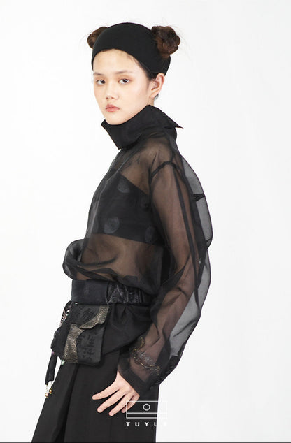 TUYUE silk light and transparent breasted long-sleeved shirt- AMBER.