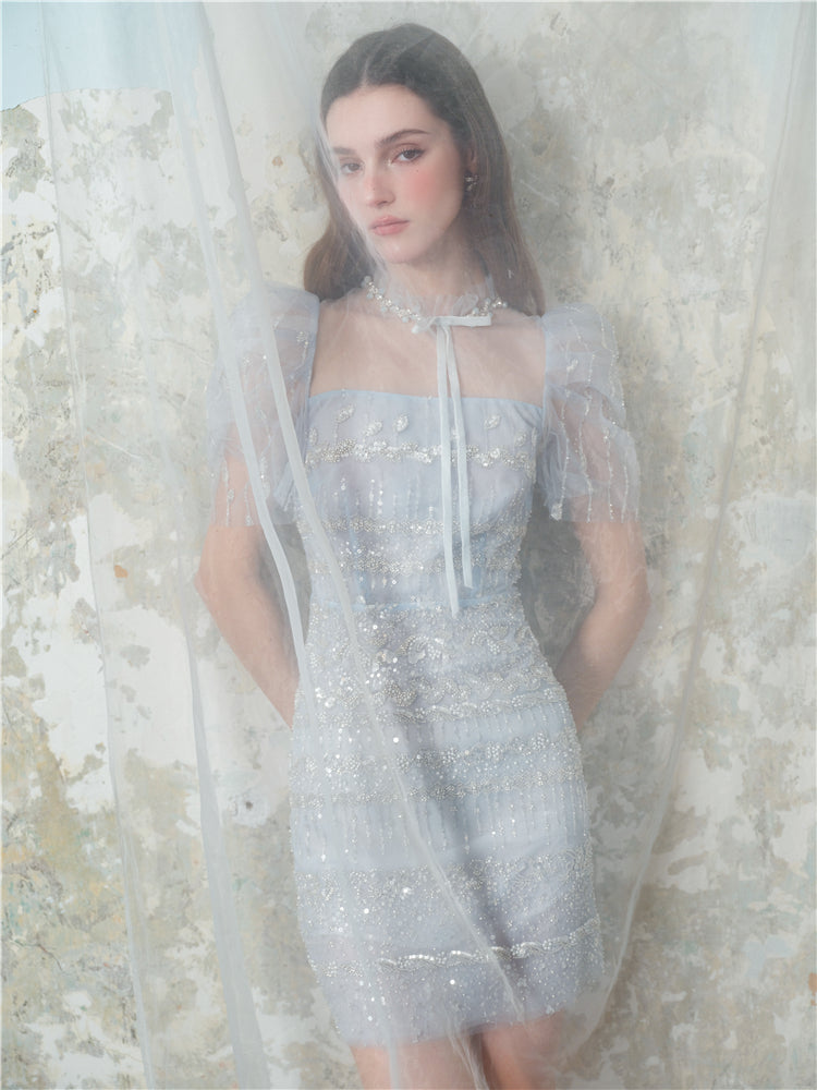 Wardrobes by Chen Luxury Blue Embroidered Crystal Pearl Dress-Bukky