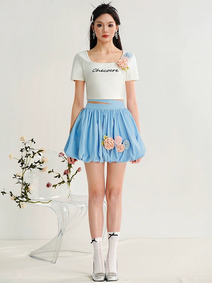 CHECOCRE Handmade Three-dimensional Flower Short Sleeve T-shirt and Skirt - BRAD