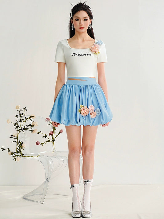 CHECOCRE Handmade Three-dimensional Flower Short Sleeve T-shirt and Skirt - BRAD