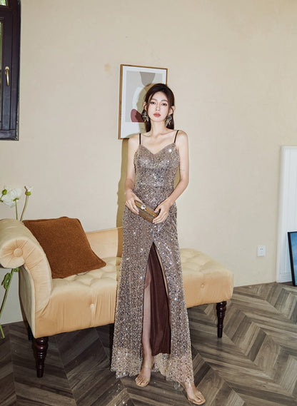 DOLLY High End Sleeveless Beaded Sequin Long High waist Suspender Cocktail Dress-ANABEL