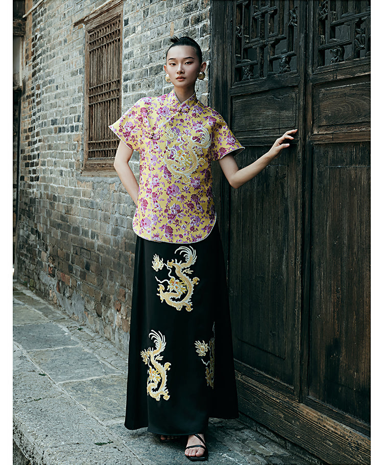 HECO Chinese style golden dragon embroidery short-sleeved placket buttoned shirt - QAND.