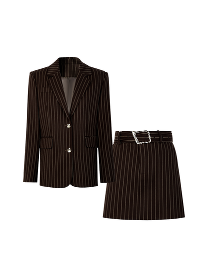 AUI Brown Striped Blazer Long Sleeve Polo Two-Piece Suit Skirt -  Haneul.
