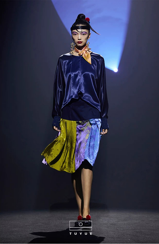 TUYUE blue acetate-trimmed satin long-sleeved top- CAROLINE