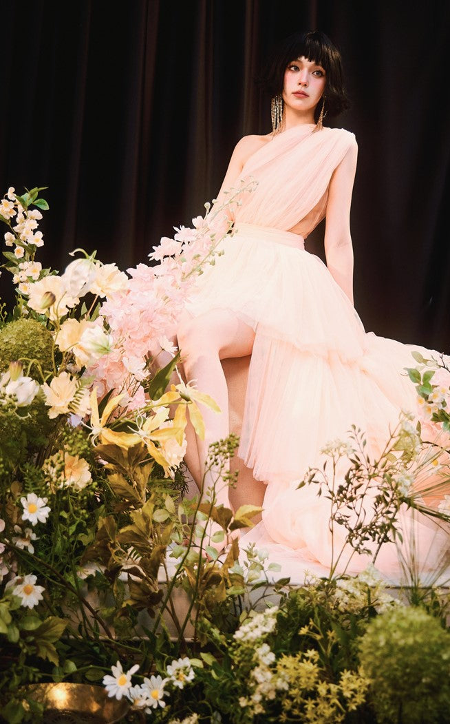 DOLLY Elegant Peach Mesh Off Shoulder Sleeveless High Waist Tutu Dress-MEDUSA  (V)