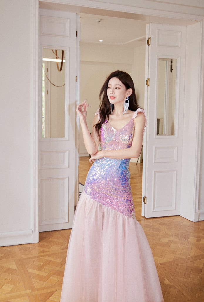 DOLLY Luxury Gradient Deep V-Neck Sleeveless Sequin Long Backless Party Dress-IVETTE