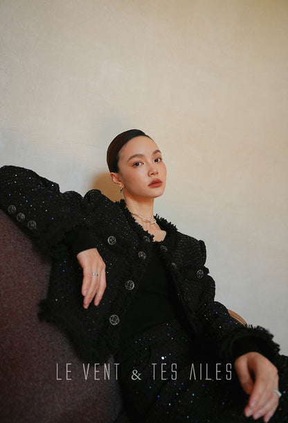 LE VENT&TES AILES High-end Luxury Heavy Work sequin Tweed Jacket Skirt Suit-FINN