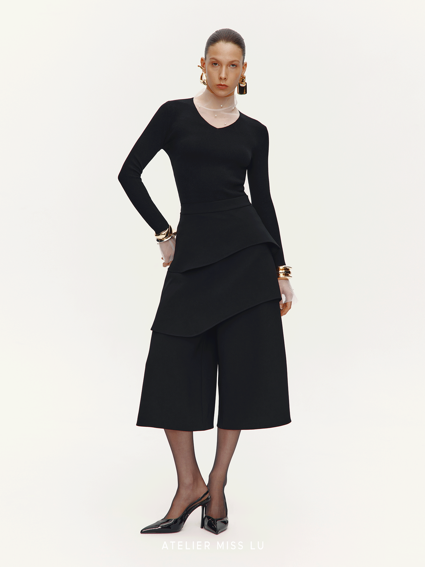 ATELIER MISS LU Pearl Embellished Gauze Patchwork Knit Top - MATT