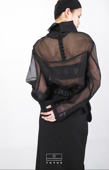 TUYUE silk light and transparent breasted long-sleeved shirt- AMBER.
