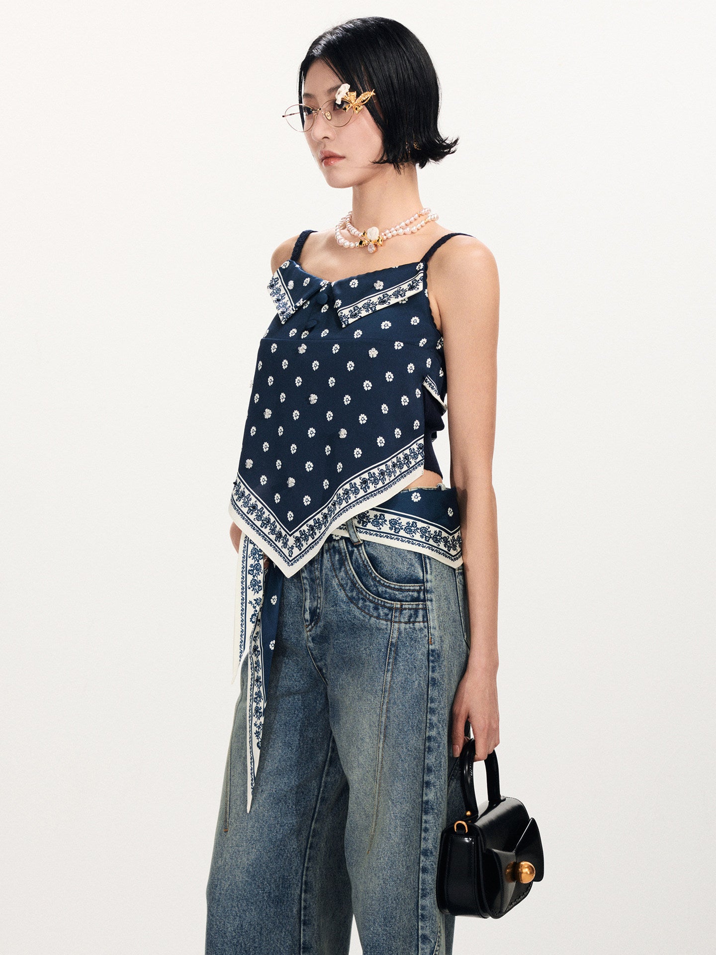 FAME Beaded Printed Scarf Deconstructed Camisole Top