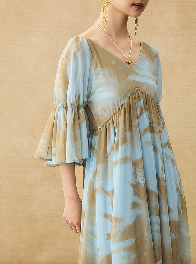 HECO Chinese V-neck wavy sleeve summer big resort dress - AMAZE .