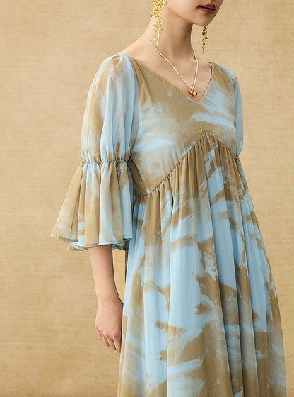 HECO Chinese V-neck wavy sleeve summer big resort dress - AMAZE .