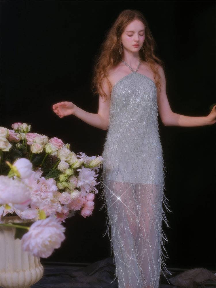 Wardrobes by Chen Elegant Green Halter Tassel cocktail party Dress-Zen