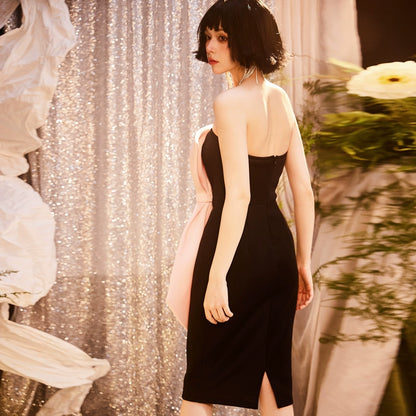 DOLLY Luxury French Style Chest Wrap Pink Bow Body Hug Black Cocktail Dress-ARETE