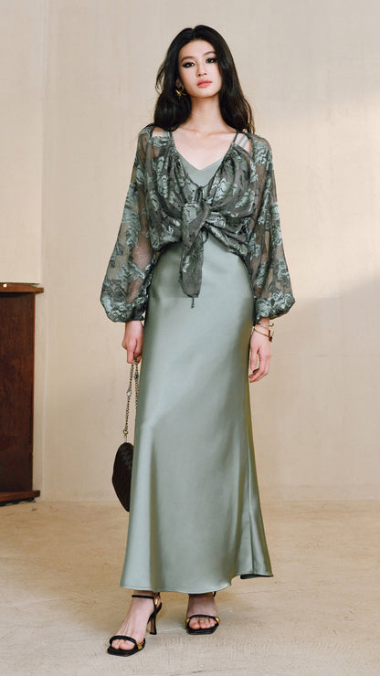 WANGXO Devoré Lace Light and Shadow Heavy Industry Bias French Cardigan & Satin Sundress Set - ESMEE