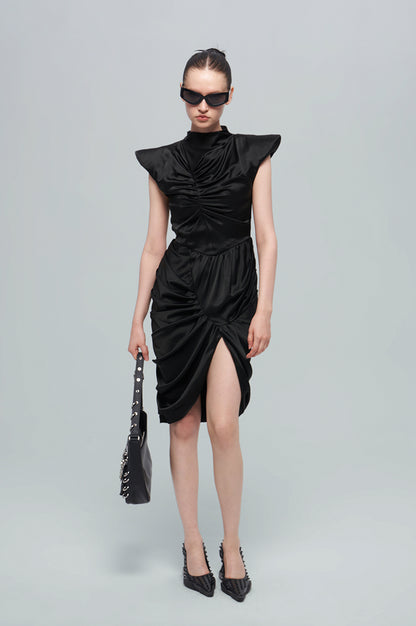 ANNAKIK black acetic multi-pleated three-dimensional flying sleeve dress-SHIGAKI