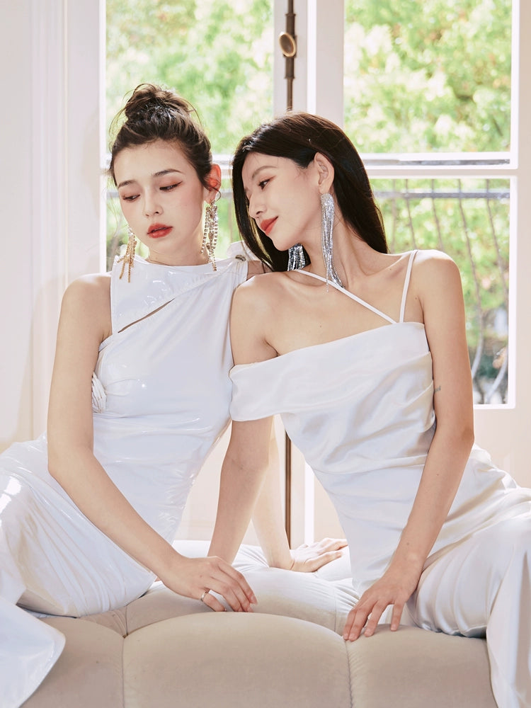 DOLLY Elegant Blue French Style Satin Sleeveless Pleated Hip Long Slit Dinner Dress-AVA