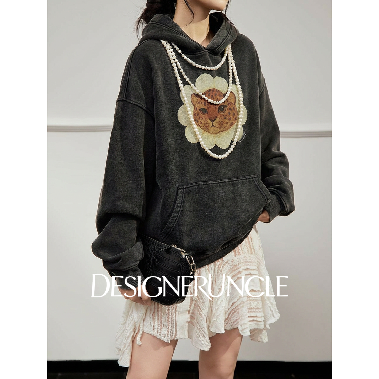 DGU×LAB|Black leopard print loose fleece hooded pattern sweatshirt - JOHA