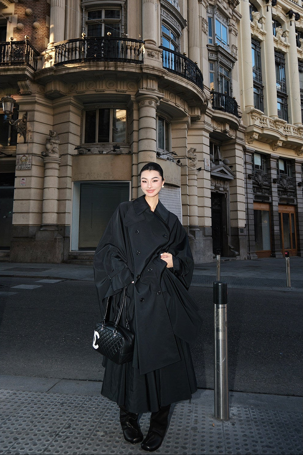 MEI SANGUAN black double-breasted trench coat &A-line skirt set - GALATEA