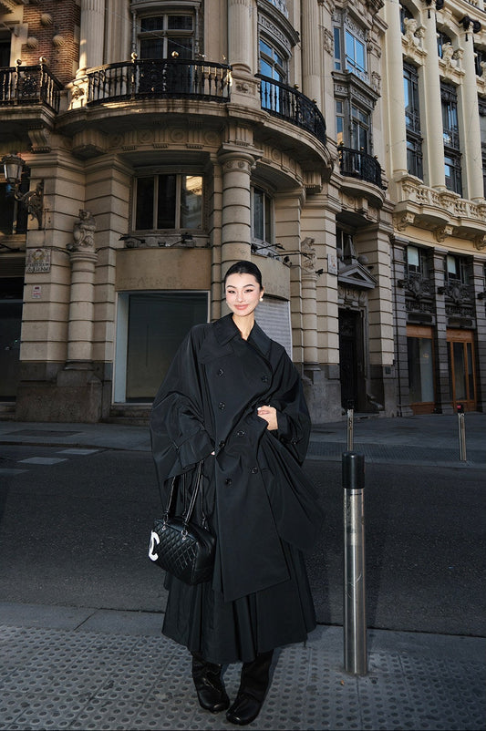 MEI SANGUAN black double-breasted trench coat &A-line skirt set - GALATEA