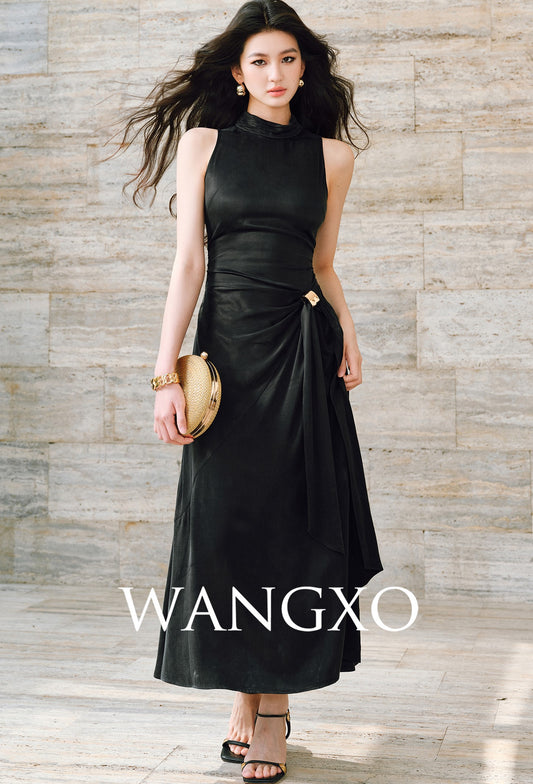 WANGXO | Luxe Cupro Maxi Sleeveless Drape Dress -ISOLINA.