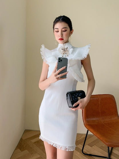 DOLLY Elegant White/Black Stand Collar Short Sleeve Slim Fit Short Fringe Dress-FRIYA