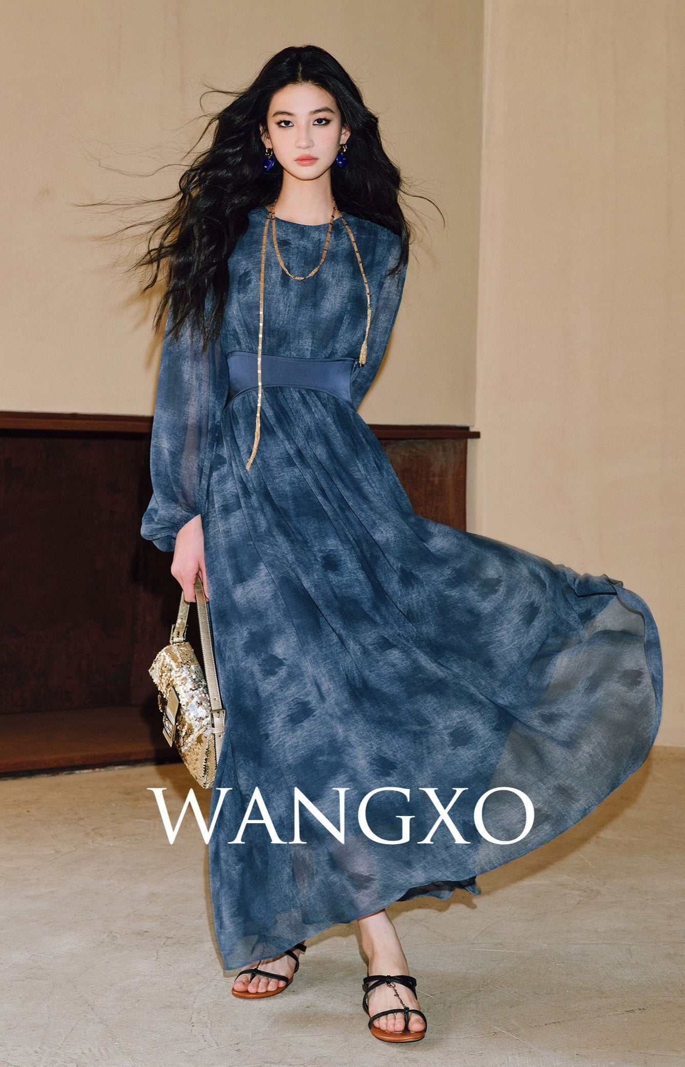 WANGXO | Double-Sided Messy Linen Hand-Spliced Satin Waist Hem Dress - NÍLA.