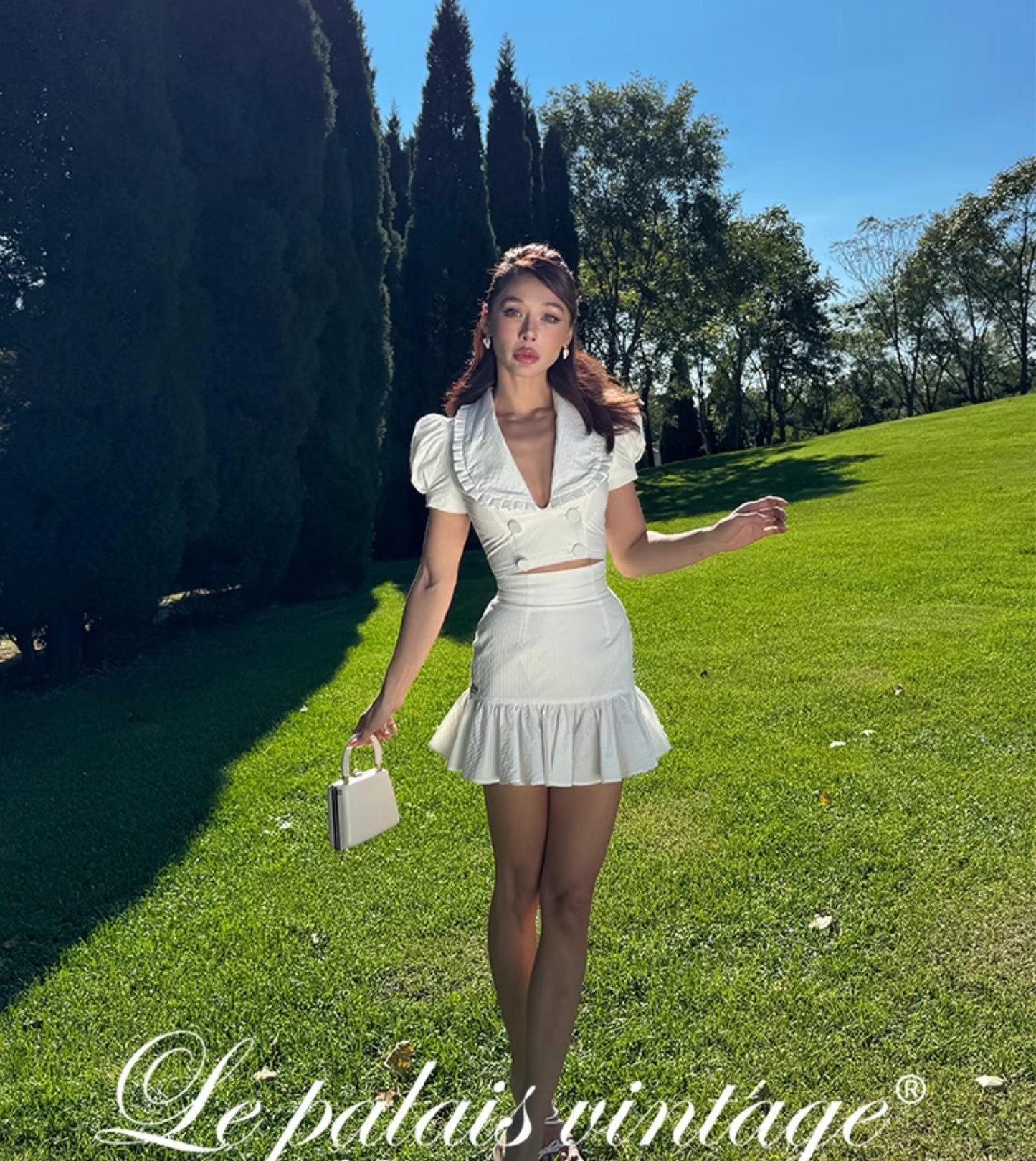 Le Palais Vintage French Girly Pure White Puff Sleeve Short Top and Ruffled Skirt-ASDA.