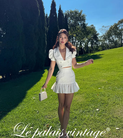 Le Palais Vintage French Girly Pure White Puff Sleeve Short Top and Ruffled Skirt-ASDA.