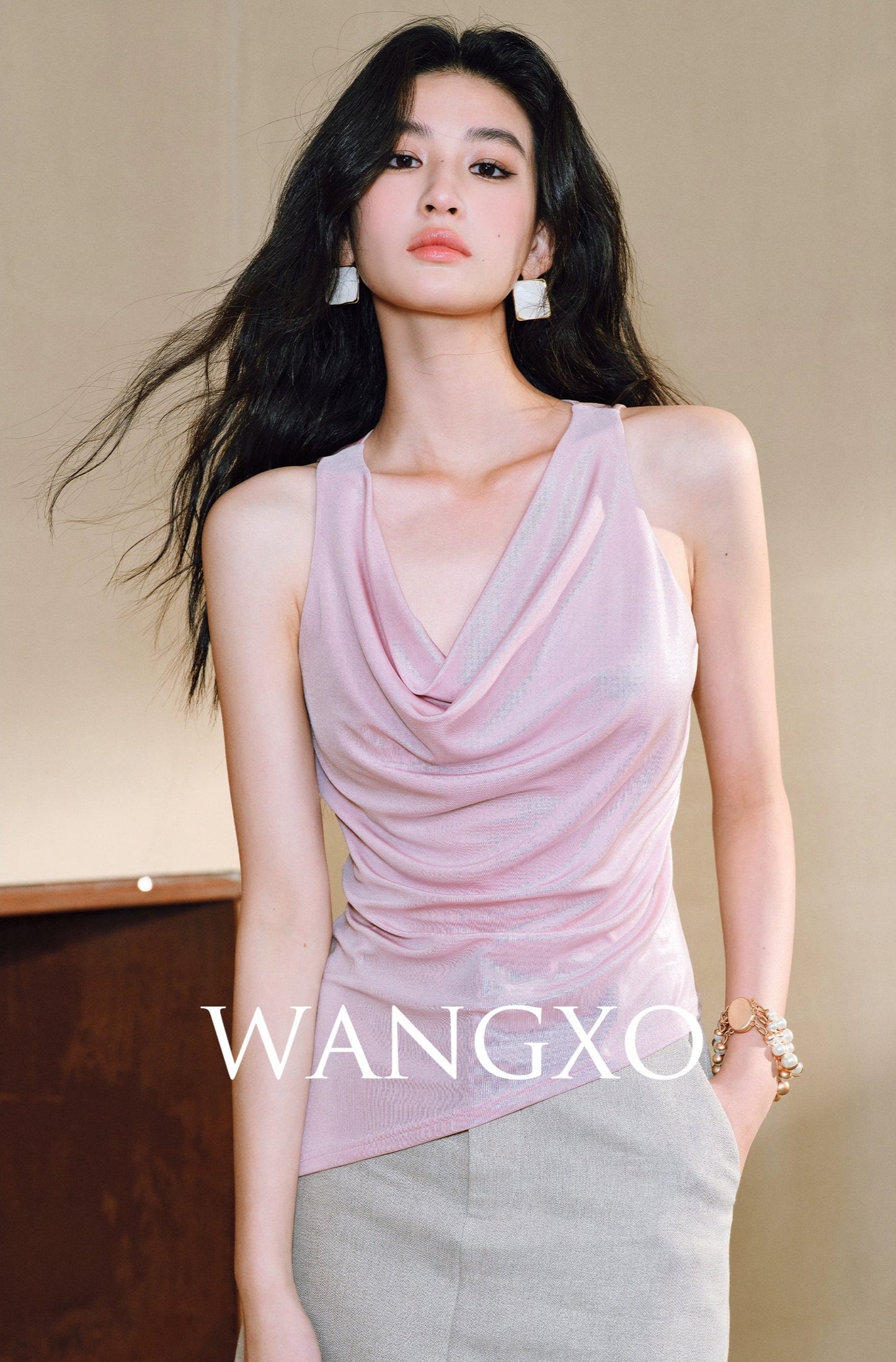 WANGXO Luxurious Metallic Luster Silk with Vertical Cut Swing Collar Top  - ZAYNA
