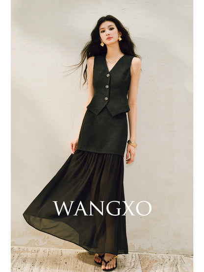 WANGXO |Light Georgette V-Neck Vest & Flowing  Skirt Suit Set-RINA