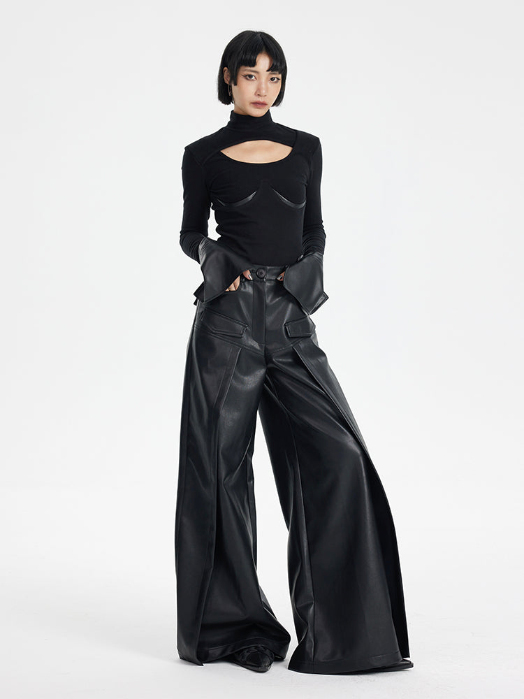TINY IN black high waist casual wide leg long pants-EMI