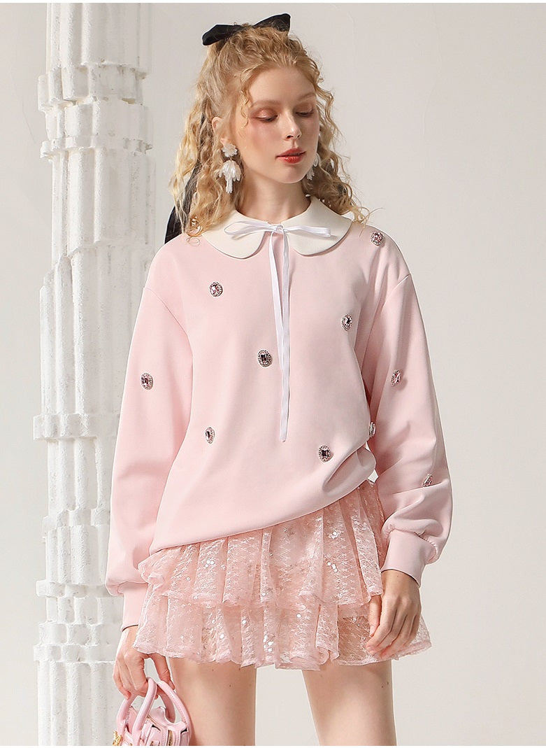 CHECOCRE Classy Sweet Collar Nail Drill Loose Casual Sweat Top - ROMAN