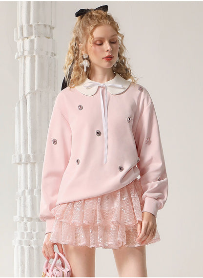 CHECOCRE Classy Sweet Collar Nail Drill Loose Casual Sweat Top - ROMAN