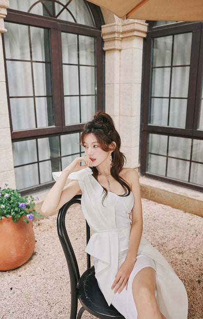 DOLLY Elegant Ruffled Off Shoulder Hollow Waist Irregular Hem Dinner Dress-NINA