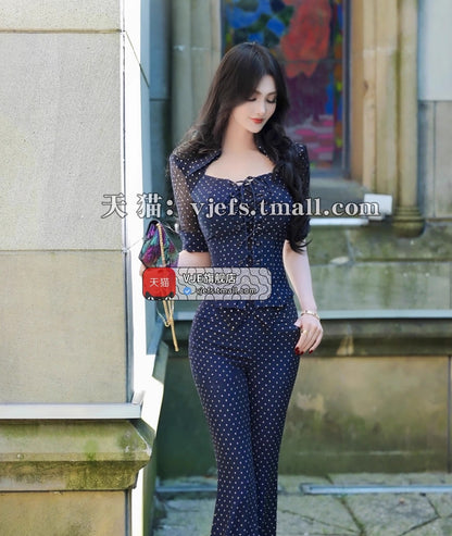 VJE Drawstring mesh short-sleeved top flared pants two-piece suit-COCO.