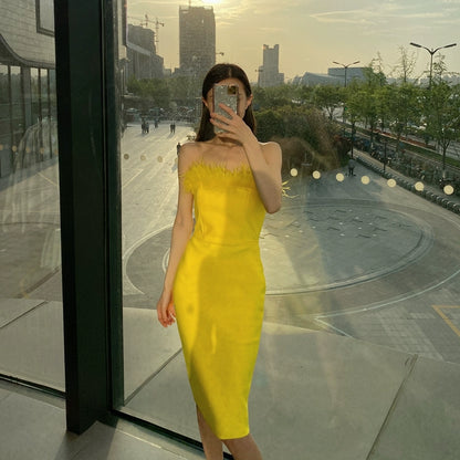 DOLLY Elegant Off Shoulder Feather Tube Top Slim Fit Dinner Date Dress-NANA