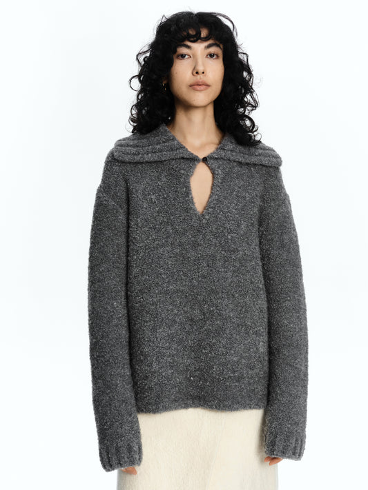 SERRER Flower grey plush hoop gauze lapel button-down sweater - CALEB.