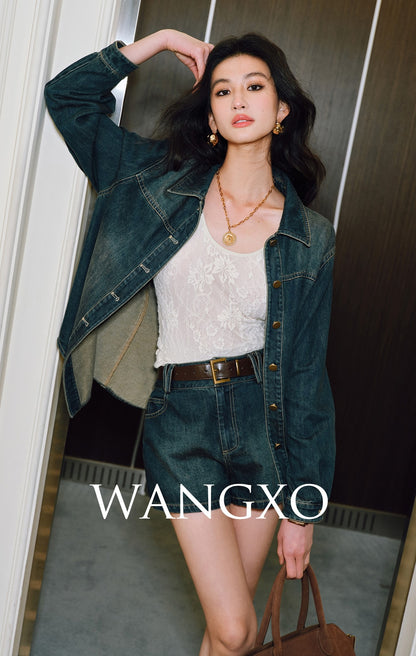 WANGXO | Sophisticated Denim Shirt & Shorts Outfit Set - LUXOR.