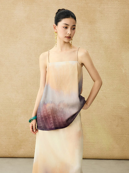 HECO Chinese Style Smudge Human Silk Camisole Cool and Breathable Seaside T - PALM.