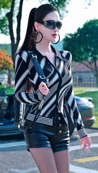 VJE Stripe Knitted Cardigan Age-Reducing Contrast Sweater Jacket-NIN.