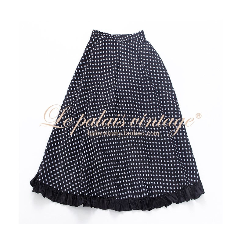 Le Palais Vintage Elegant Sicilian polka Dotted Irregular Pleated Skirt-Becca