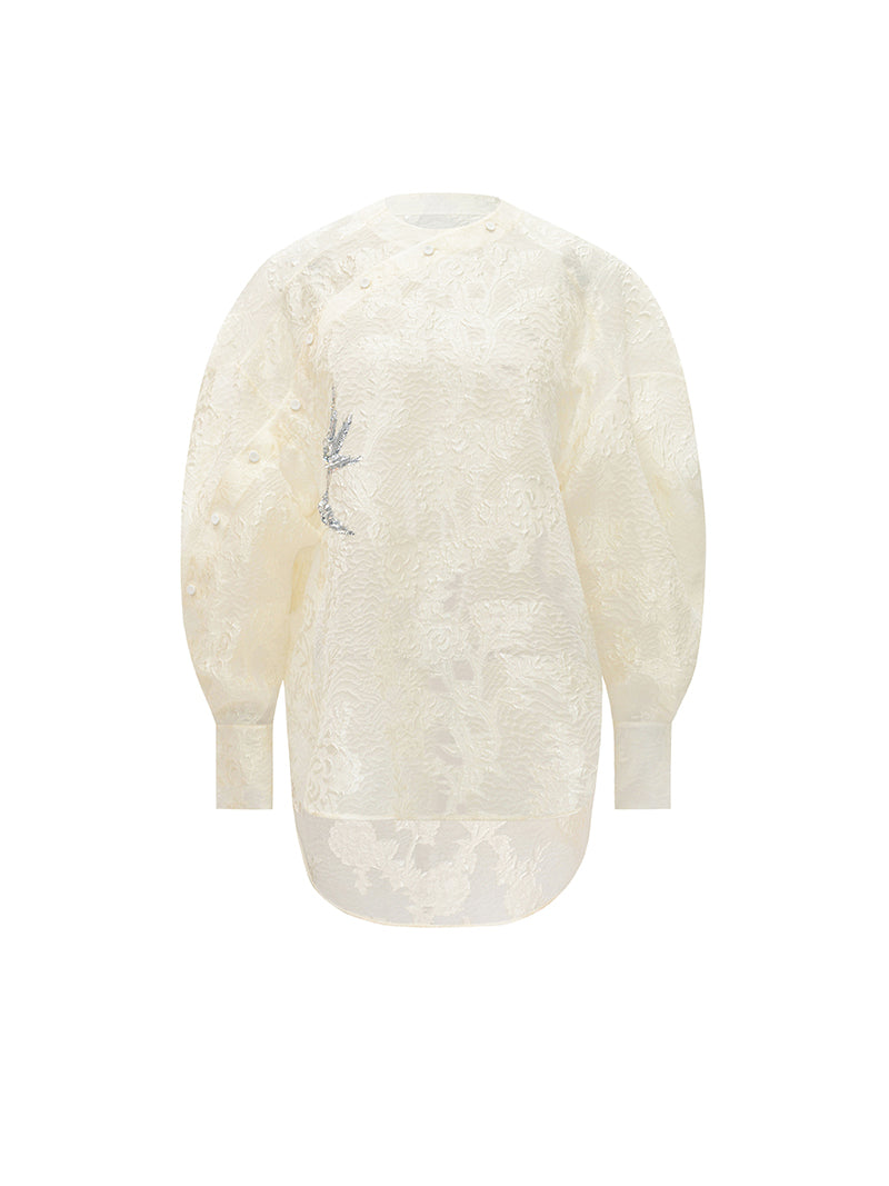 M essential Mackay designer embroidered semi-sheer silhouette shirt skirt set -  Arani.