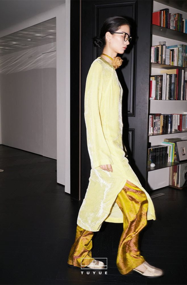 TUYUE Sustainable Fashion Silk Velvet Pine Color Drape Dress- DAVID.