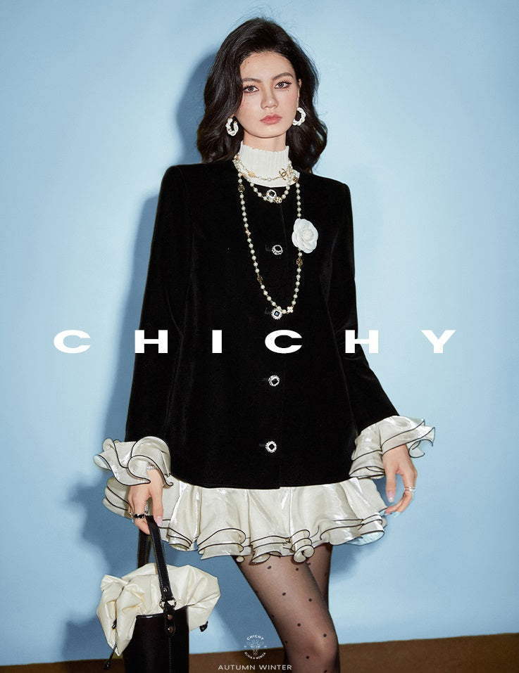 CHICHY French fragrance black velvet chic foreign ruffle jacket-MARY