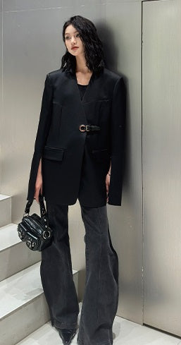 ANNAKIKI designer black acetate collarless split V-neck blazer-PEARL