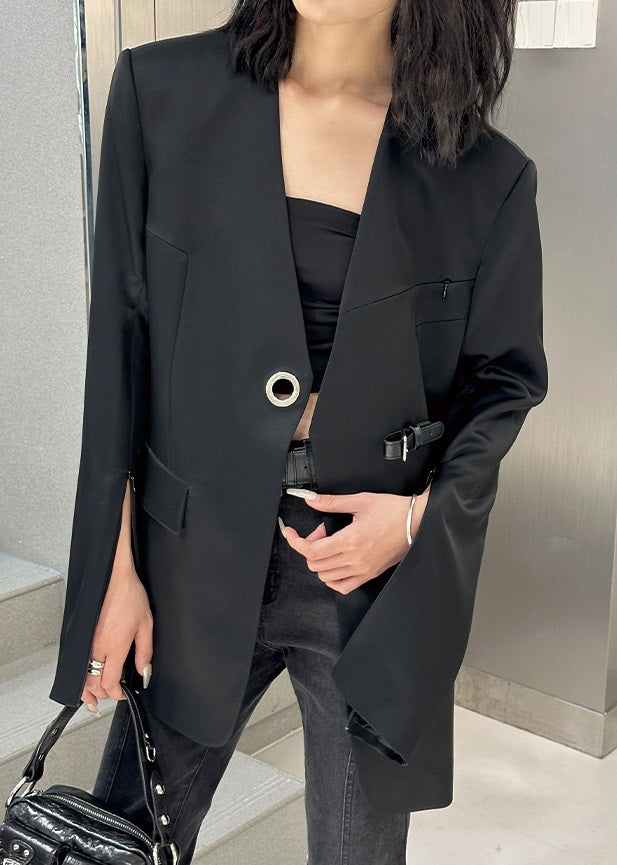 ANNAKIKI designer black acetate collarless split V-neck blazer-PEARL