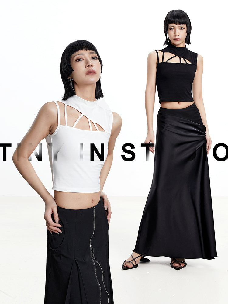 TINY IN triangle cut-out short tight women's summer vest-ASHAN