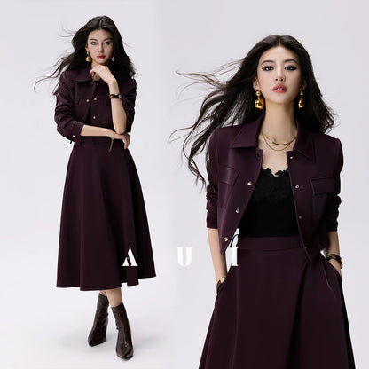 AUI Andorra red faux leather jacket A-line skirt two-piece set - JUN.