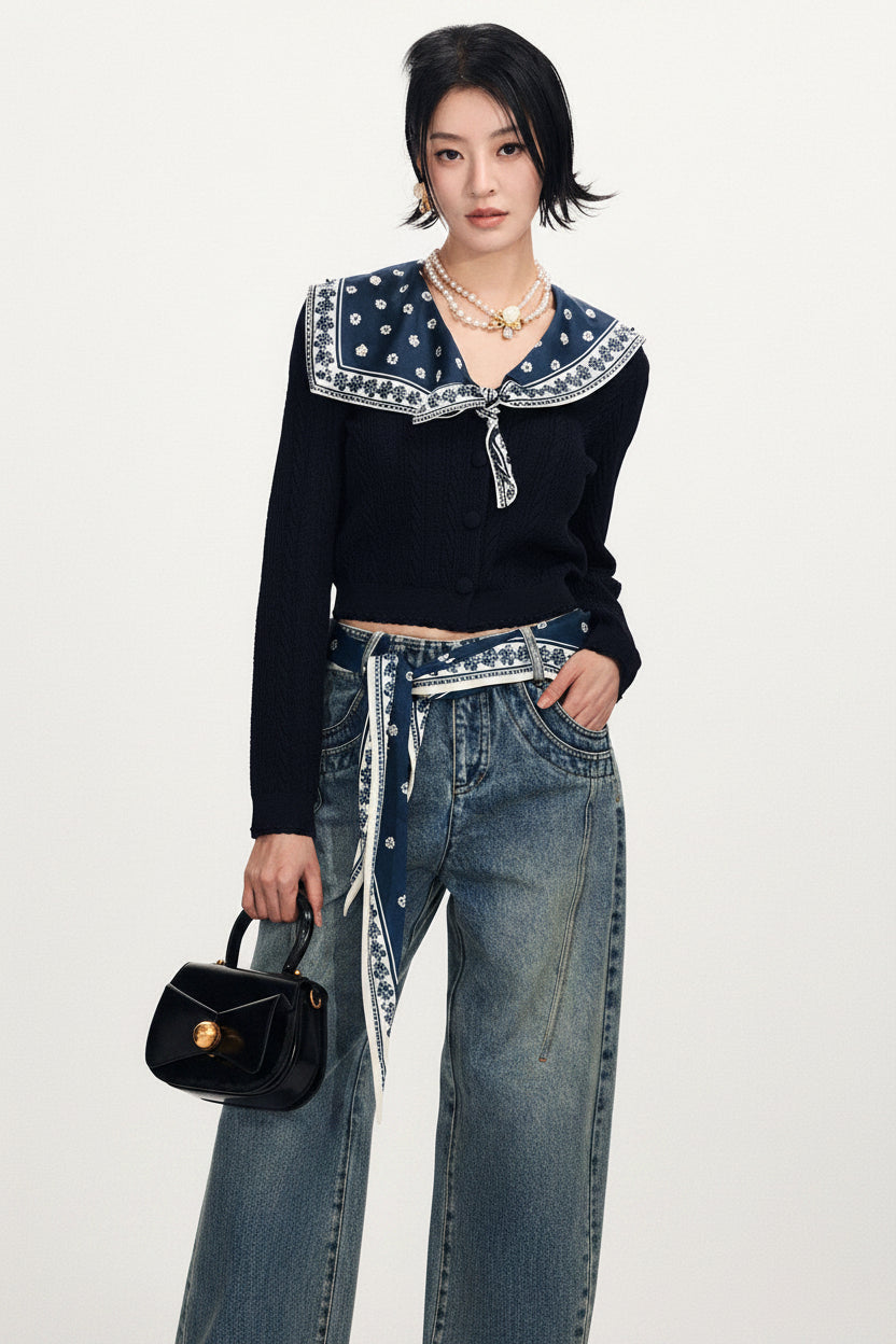 FAME Beaded Printed Silk Scarf Shawl Knitted Cardigan Top - BRONSON